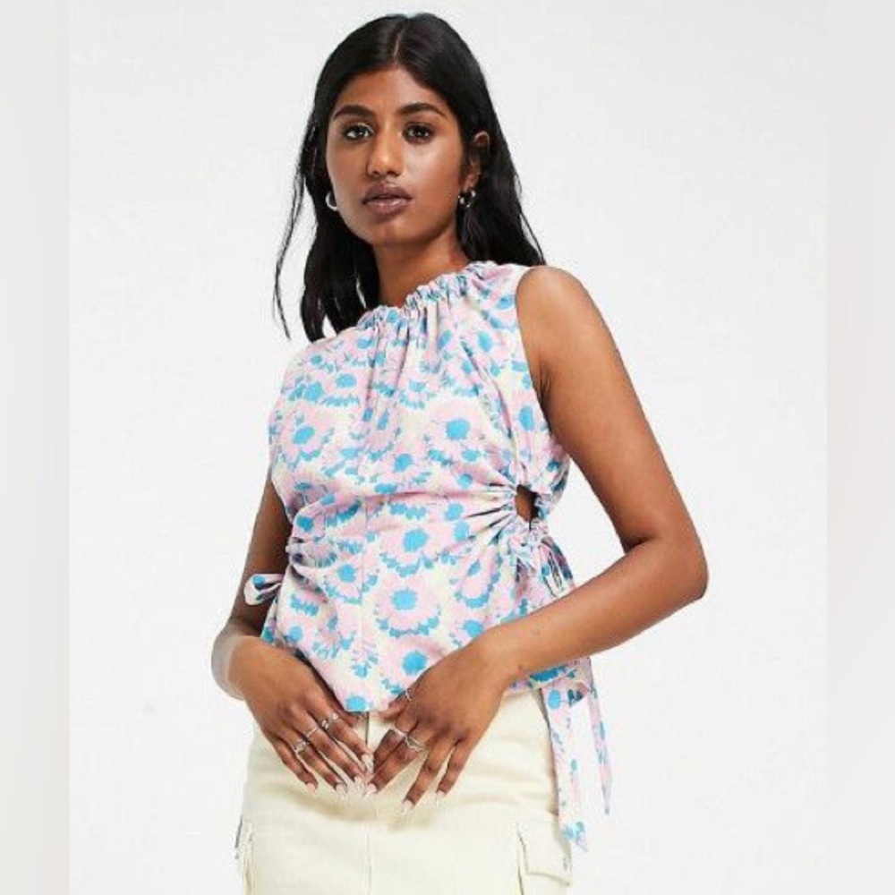 Topshop poplin daisy cut out side sleeveless top in pink and blue US 2